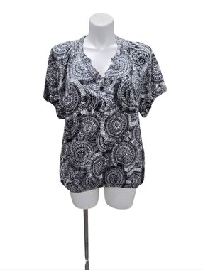 Croft & Barrow Size 3X Black and White Circular Print Short Sleeve Blouse